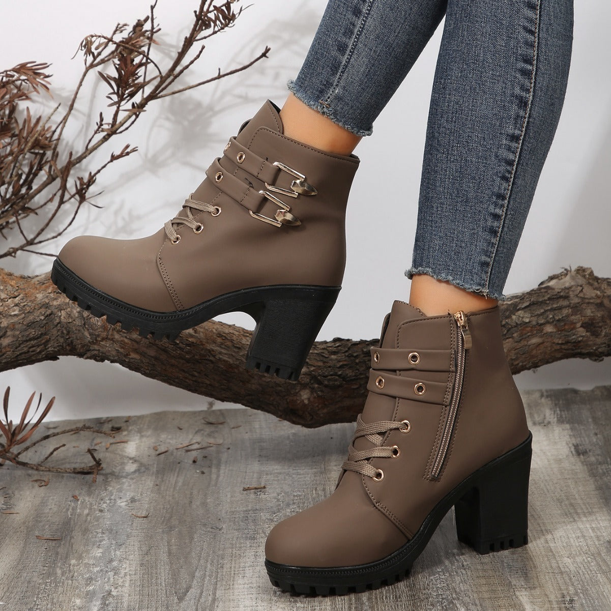Automne Bottines à Talons Hauts avec Lacets