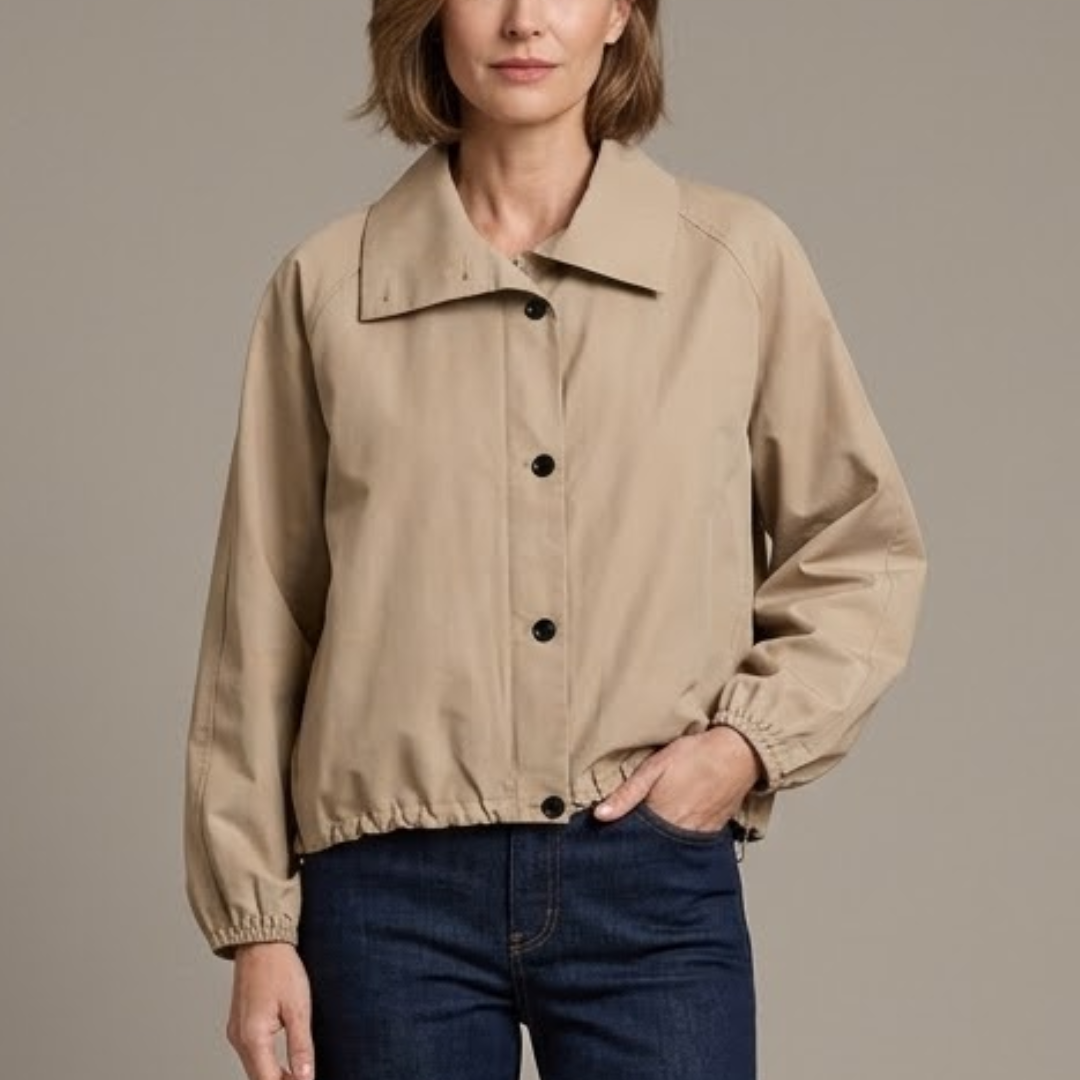 Women's Cropped Utility Jacket with Button Front β High Collar and Elasticated Hem Caliboot