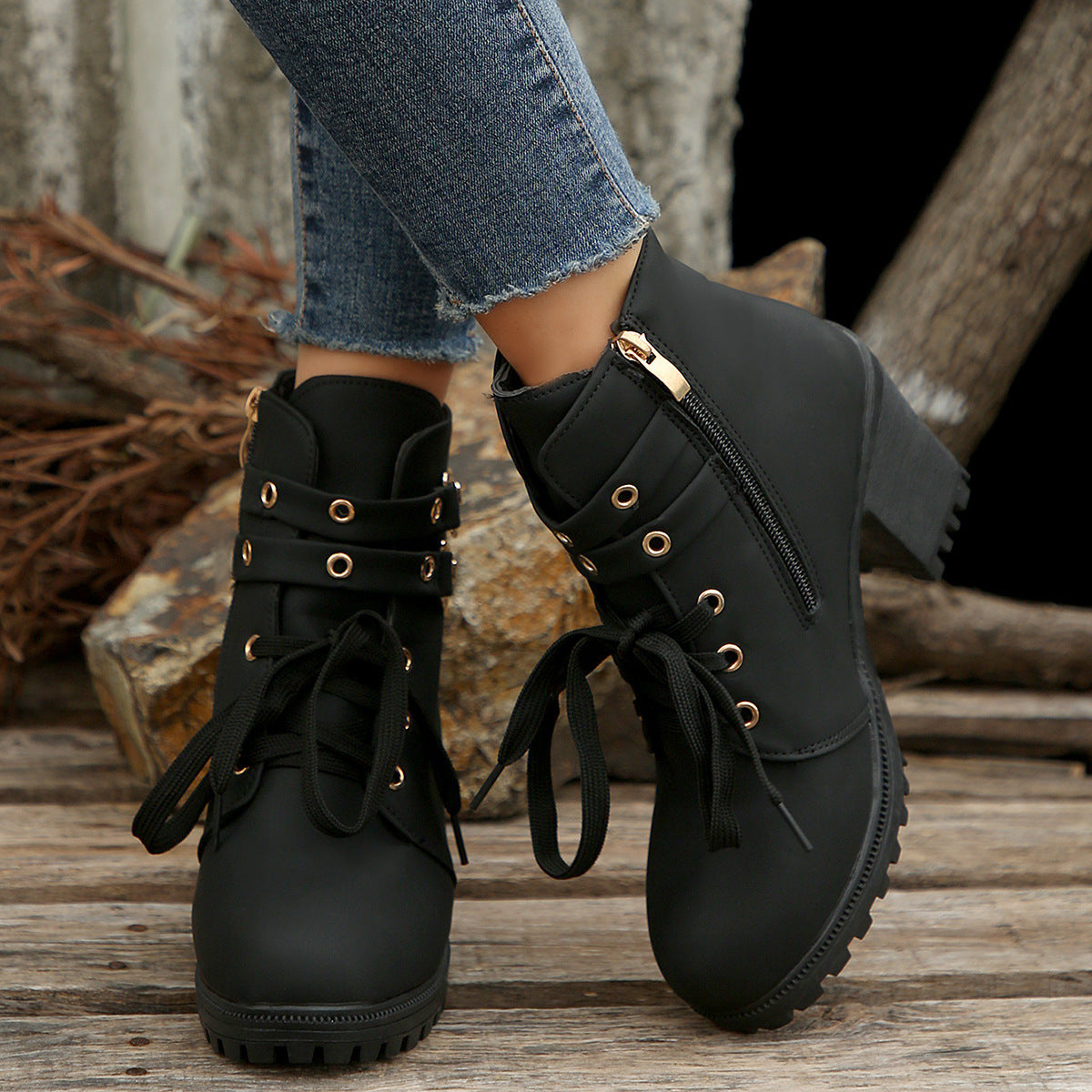 Automne Bottines à Talons Hauts avec Lacets
