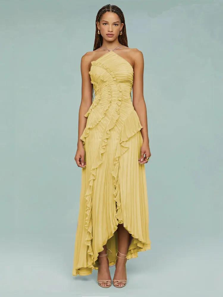 Asymmetric Pleated Maxi Dress for Women – Elegant & Flowing-Caliboot