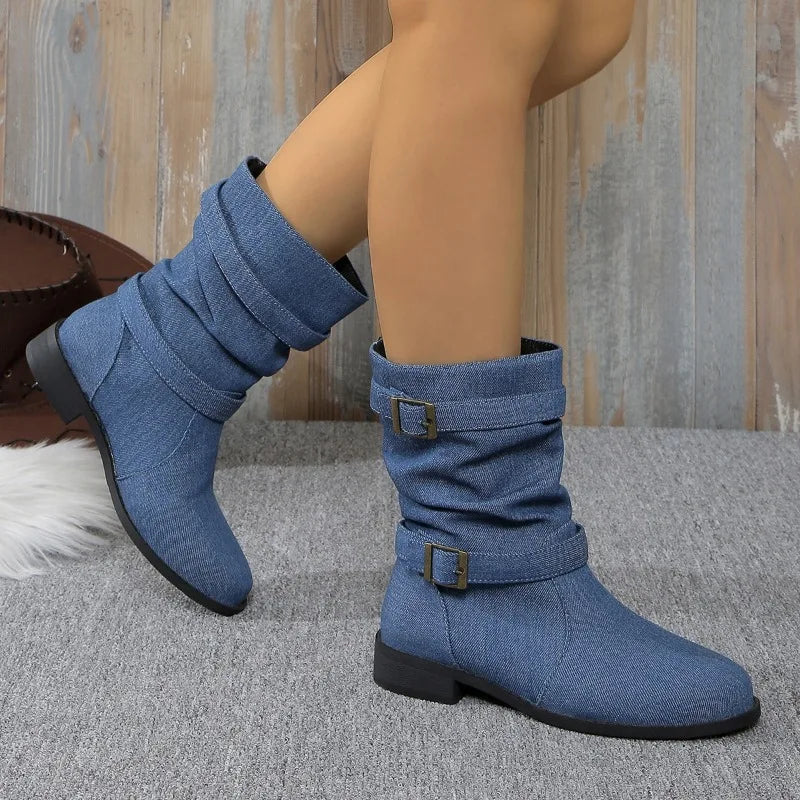 Denim Buckle Ankle Boots for Women – Stylish & Comfortable