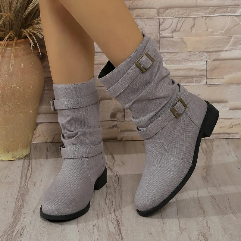 Denim Buckle Ankle Boots for Women – Stylish & Comfortable