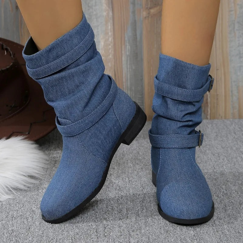 Denim Buckle Ankle Boots for Women – Stylish & Comfortable