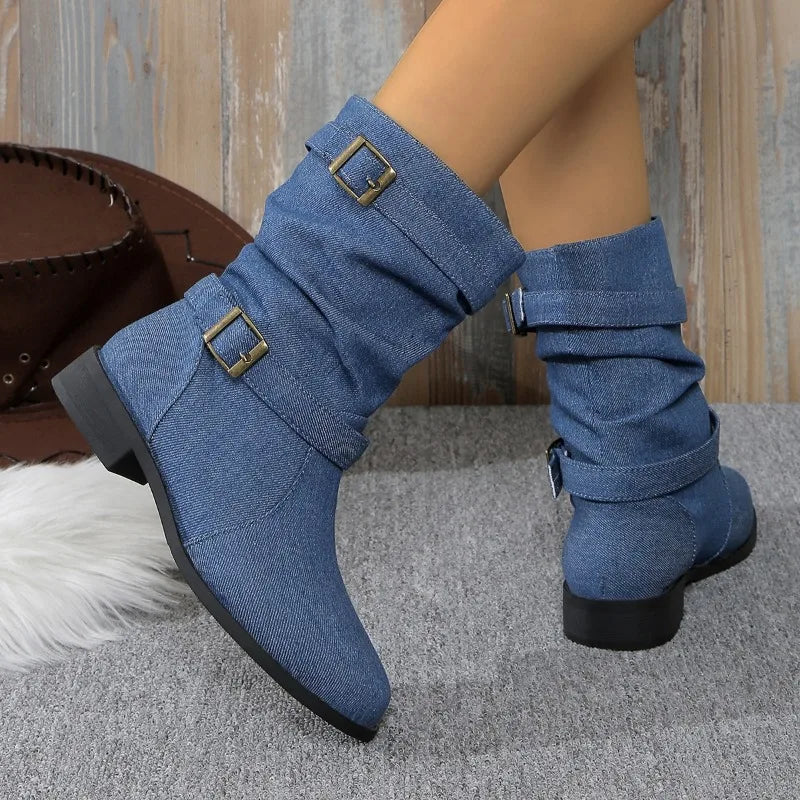 Denim Buckle Ankle Boots for Women – Stylish & Comfortable
