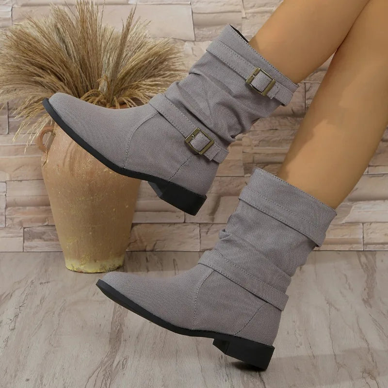 Denim Buckle Ankle Boots for Women – Stylish & Comfortable