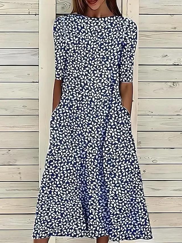 Floral A-Line Midi Dress for Women – Effortless Elegance & Comfort-Caliboot