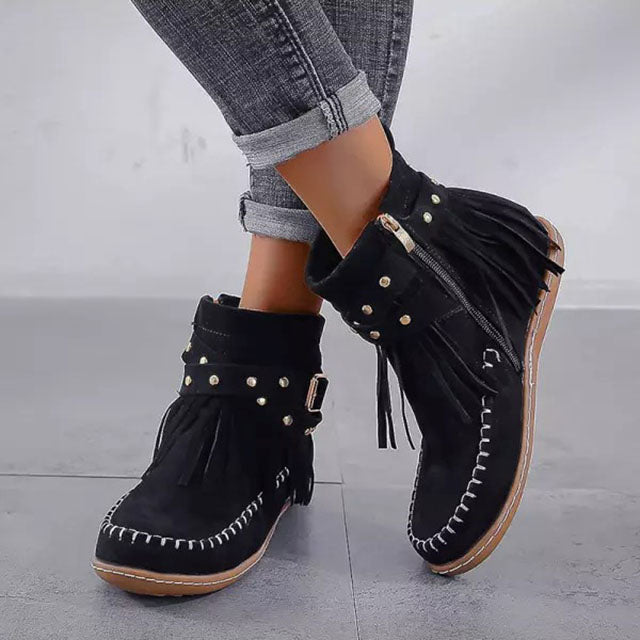 Fringe Buckle Boots for Women – Edgy & Versatile Black Style
