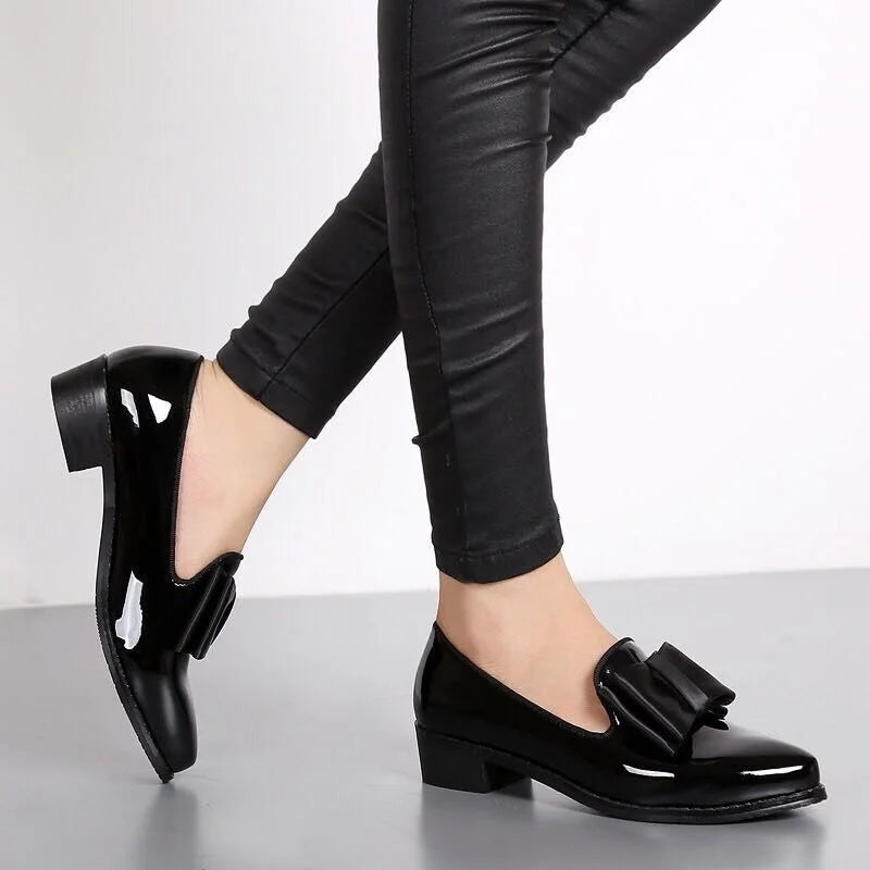 Glossy Slip-On Flats for Women – Elegant Bow Accent