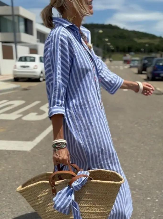 High-Low Striped Shirt Dress for Women – Effortlessly Stylish & Versatile-Caliboot