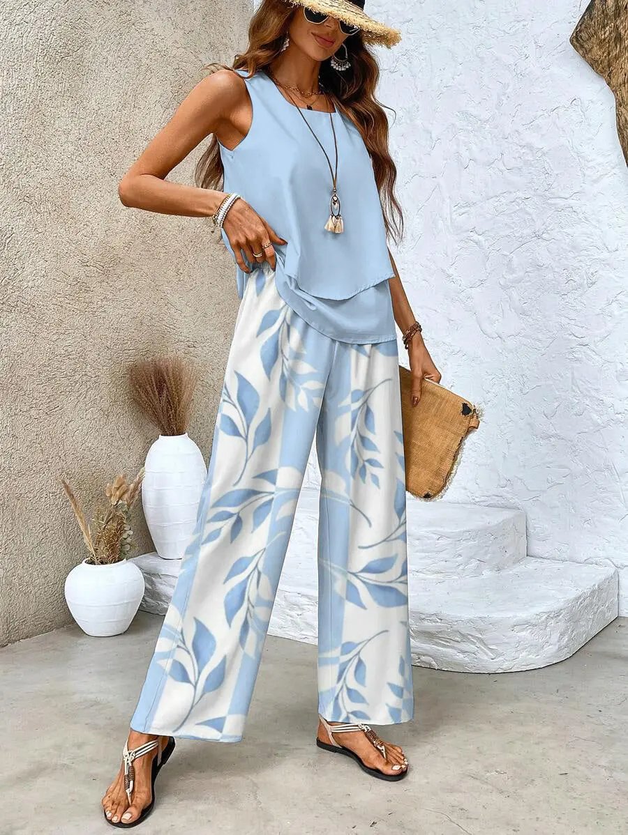 Layered Top and Wide-Leg Trousers Set for Women – Effortless Summer Style in Plus Size-Caliboot