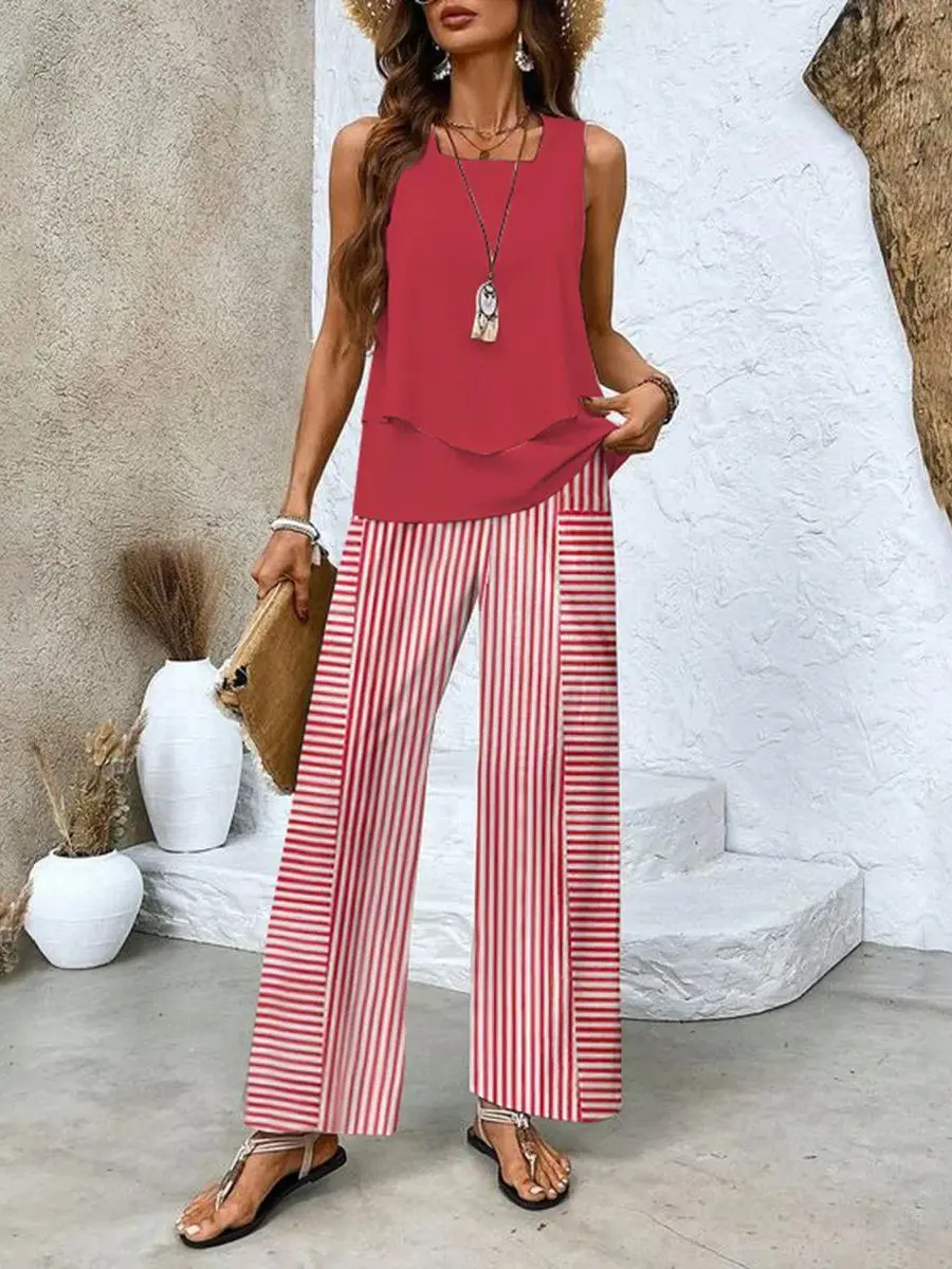 Layered Top and Wide-Leg Trousers Set for Women – Effortless Summer Style in Plus Size-Caliboot