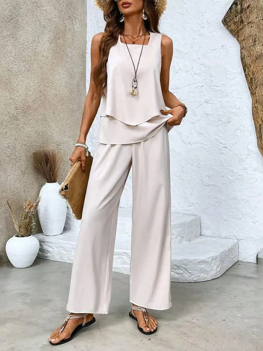 Layered Top and Wide-Leg Trousers Set for Women – Effortless Summer Style in Plus Size-Caliboot