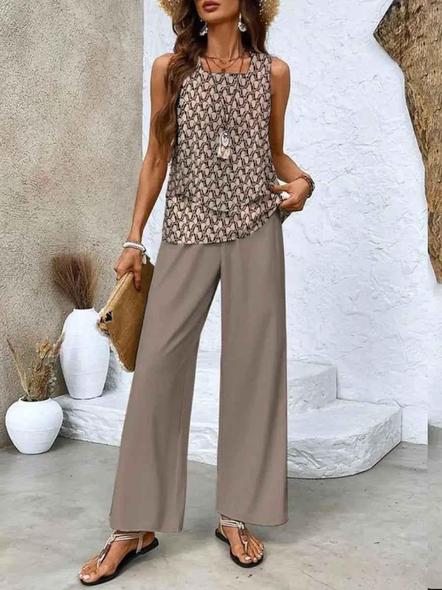 Layered Top and Wide-Leg Trousers Set for Women – Effortless Summer Style in Plus Size-Caliboot
