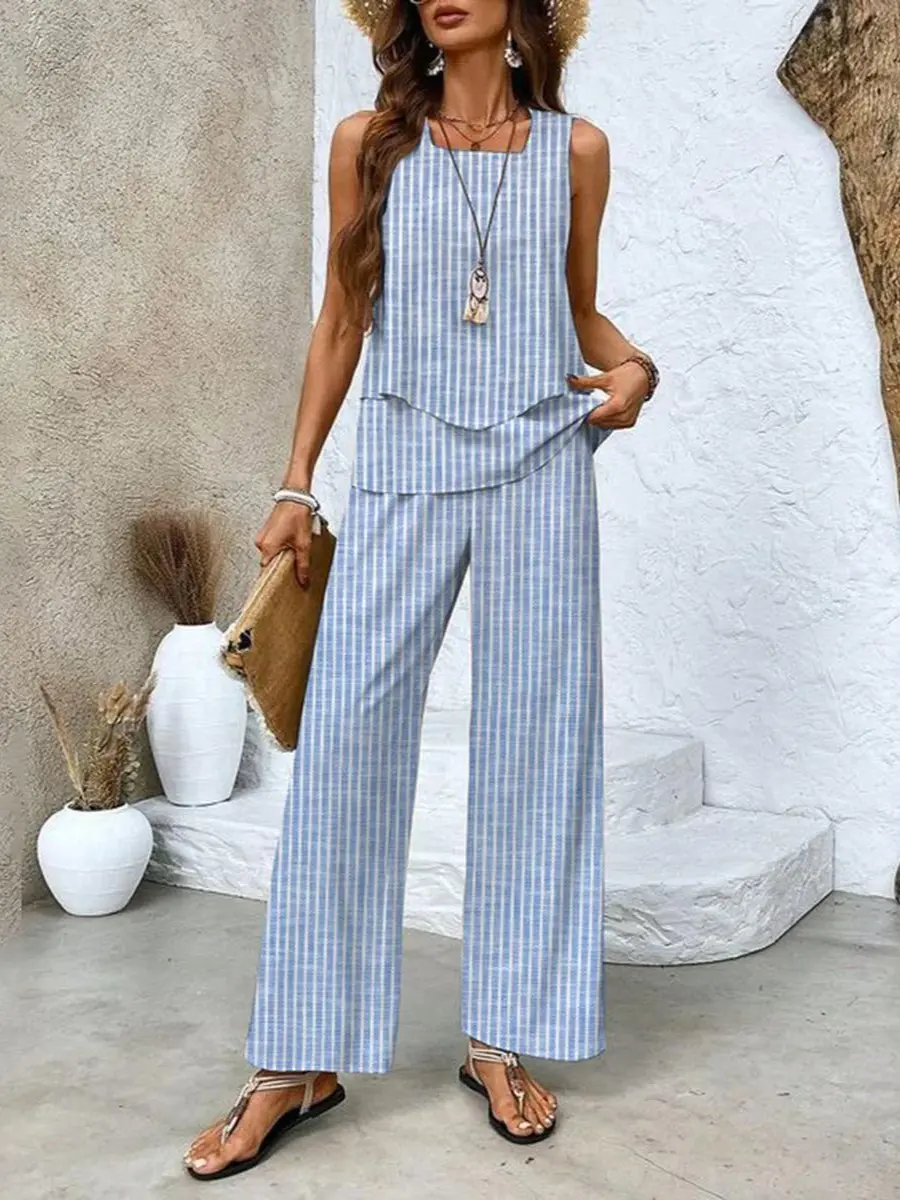 Layered Top and Wide-Leg Trousers Set for Women – Effortless Summer Style in Plus Size-Caliboot