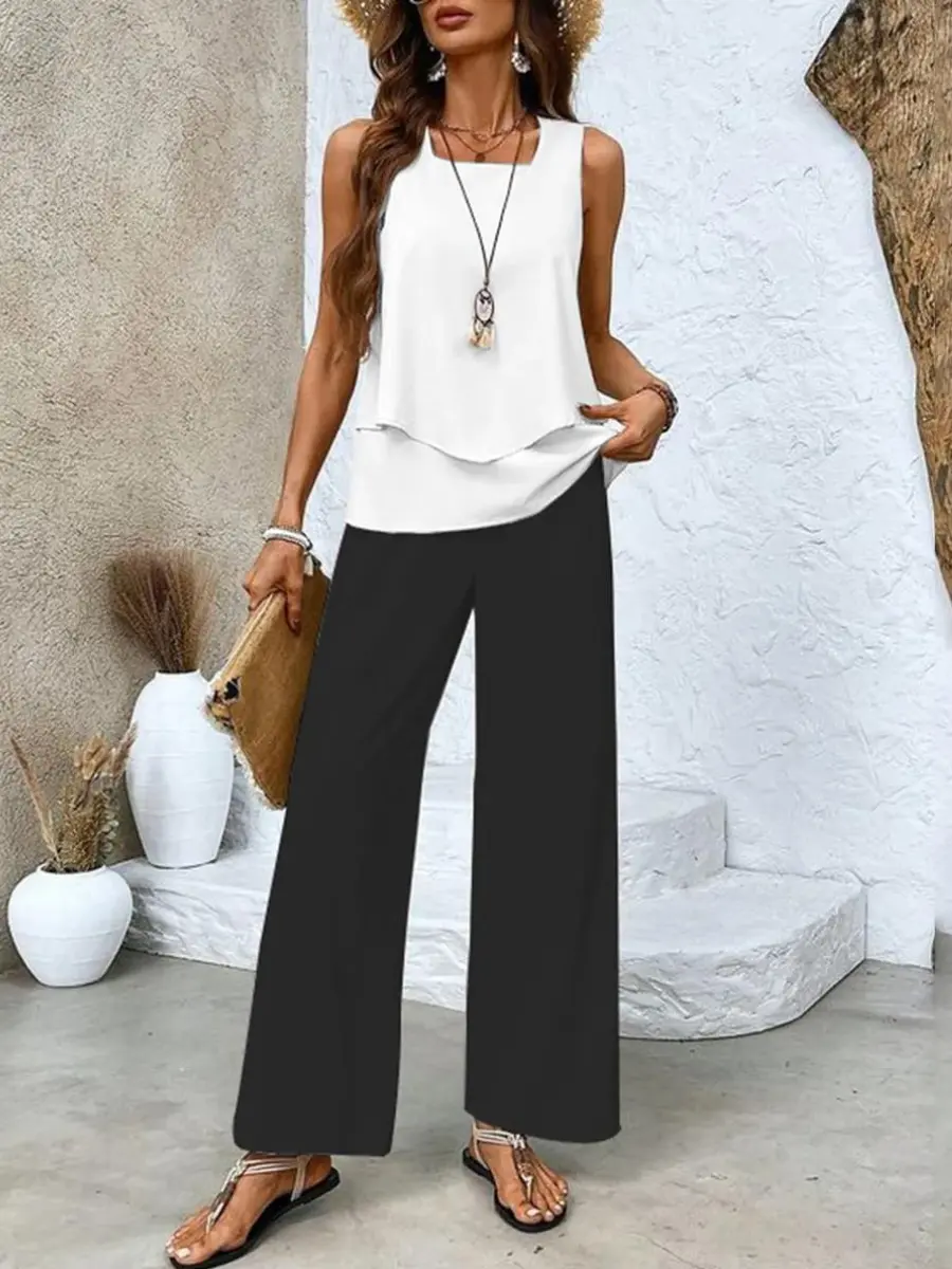 Layered Top and Wide-Leg Trousers Set for Women – Effortless Summer Style in Plus Size-Caliboot