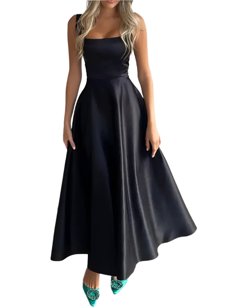 Lumea – Robe Midi Chic Femme – Élégante en Satin Noir 2