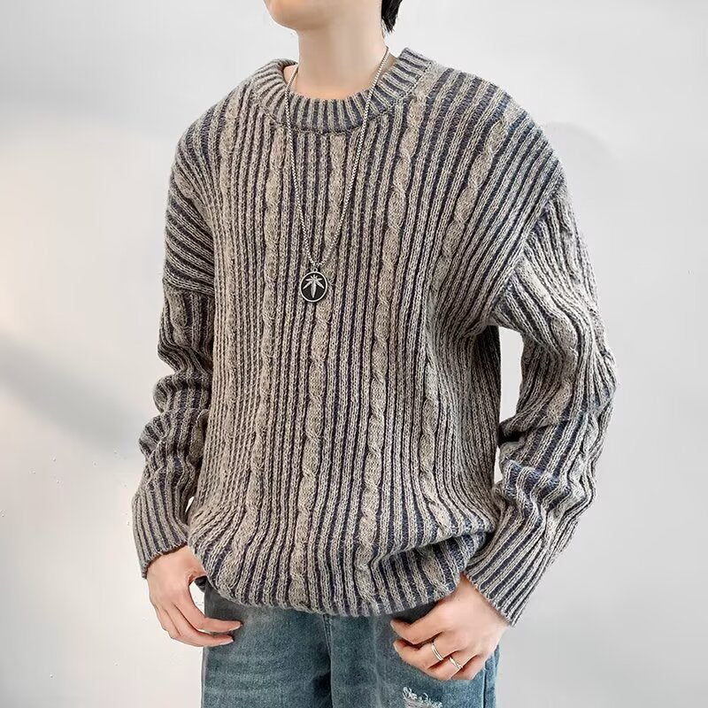 Cable Knit Striped Crewneck Knit Sweater for Men – Cozy Casual Comfort Caliboot