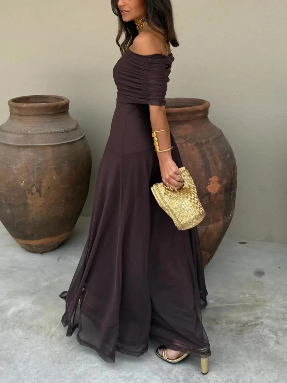 Off-Shoulder Black Maxi Dress for Women – Elegant & Flowing Design 2