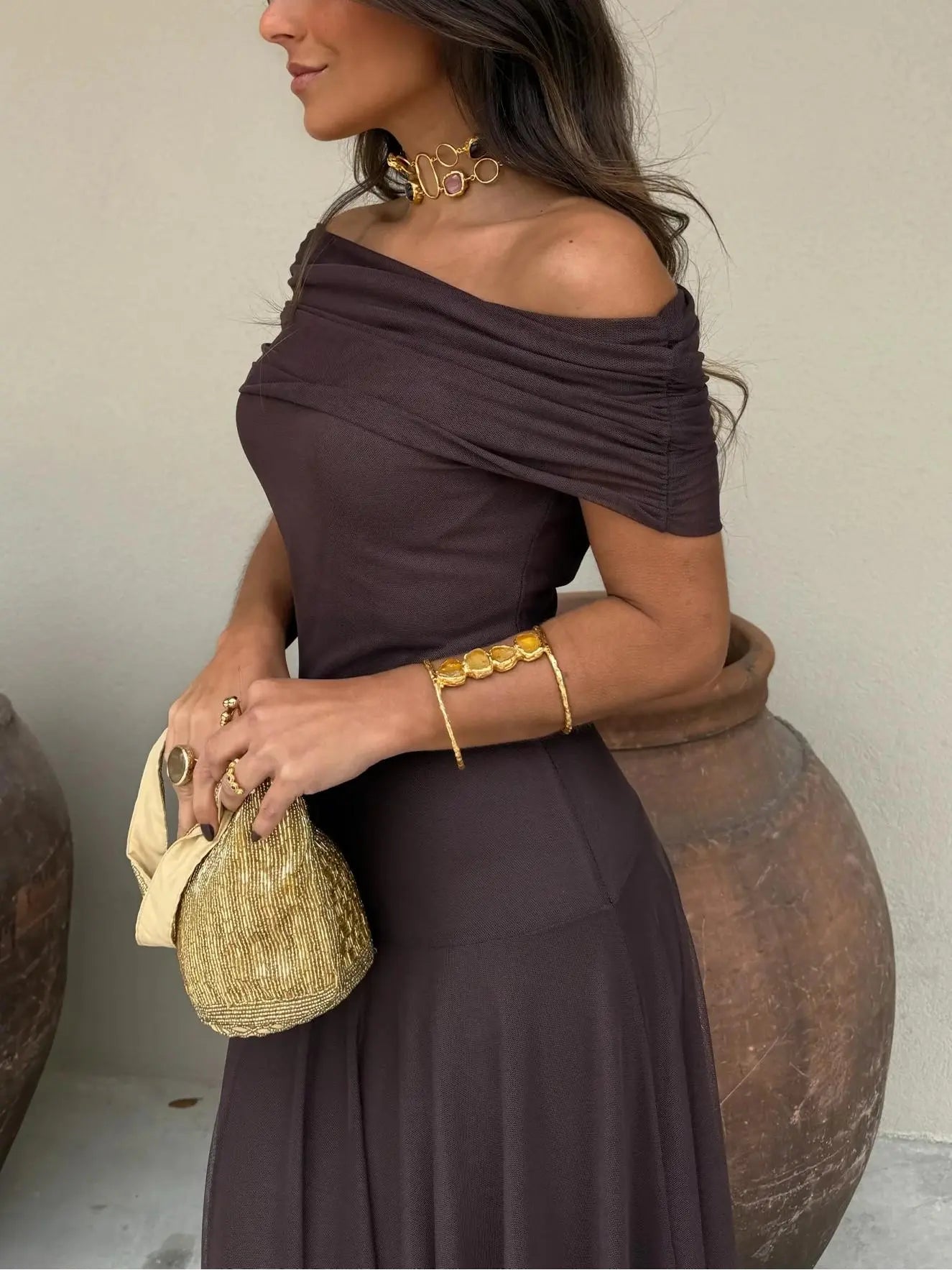 Off-Shoulder Black Maxi Dress for Women – Elegant & Flowing Design 7