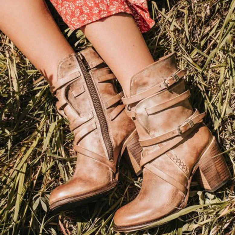 Retro Leather Boots for Women – Chic & Stylish with Belt Buckle Detail