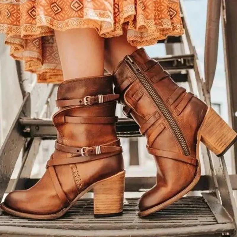 Retro Leather Boots for Women – Chic & Stylish with Belt Buckle Detail