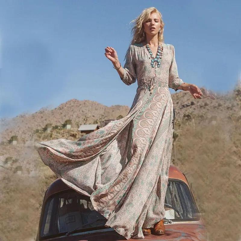V-Neck Floral Maxi Dress for Women – Effortless Boho Style & Comfort-Caliboot