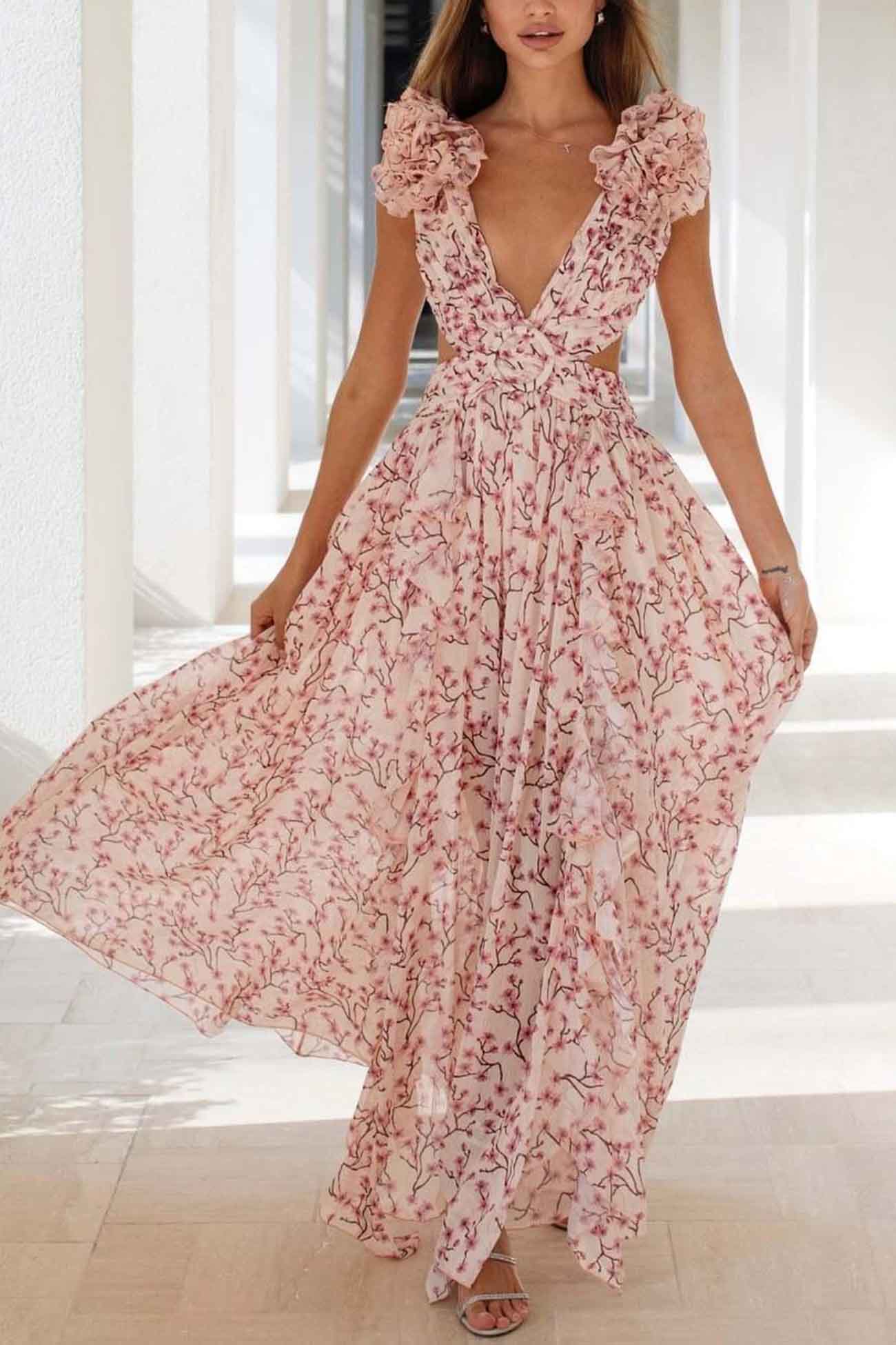 V-Neck Floral Maxi Dress for Women – Elegant & Flowing-Caliboot