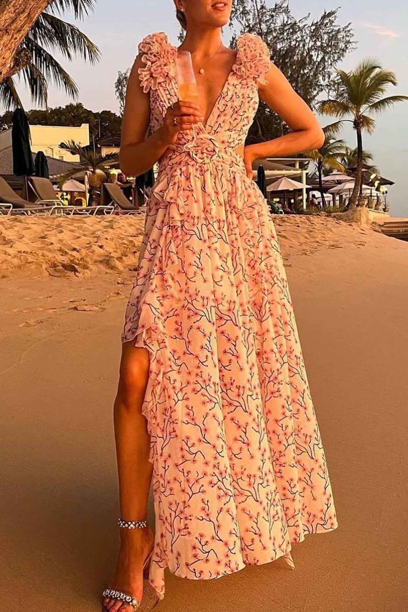 V-Neck Floral Maxi Dress for Women – Elegant & Flowing-Caliboot