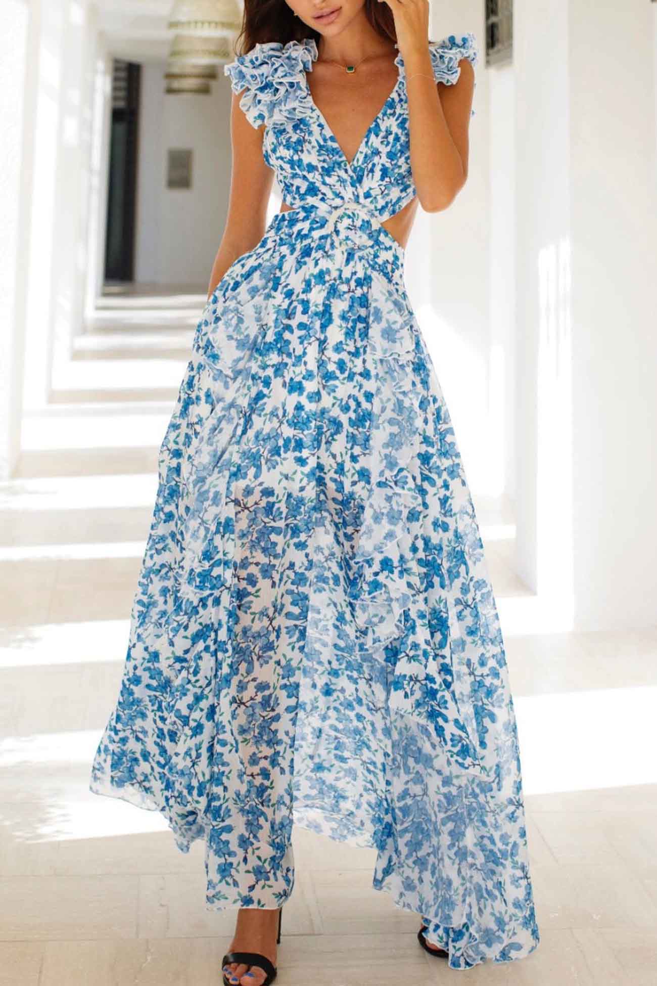 V-Neck Floral Maxi Dress for Women – Elegant & Flowing-Caliboot
