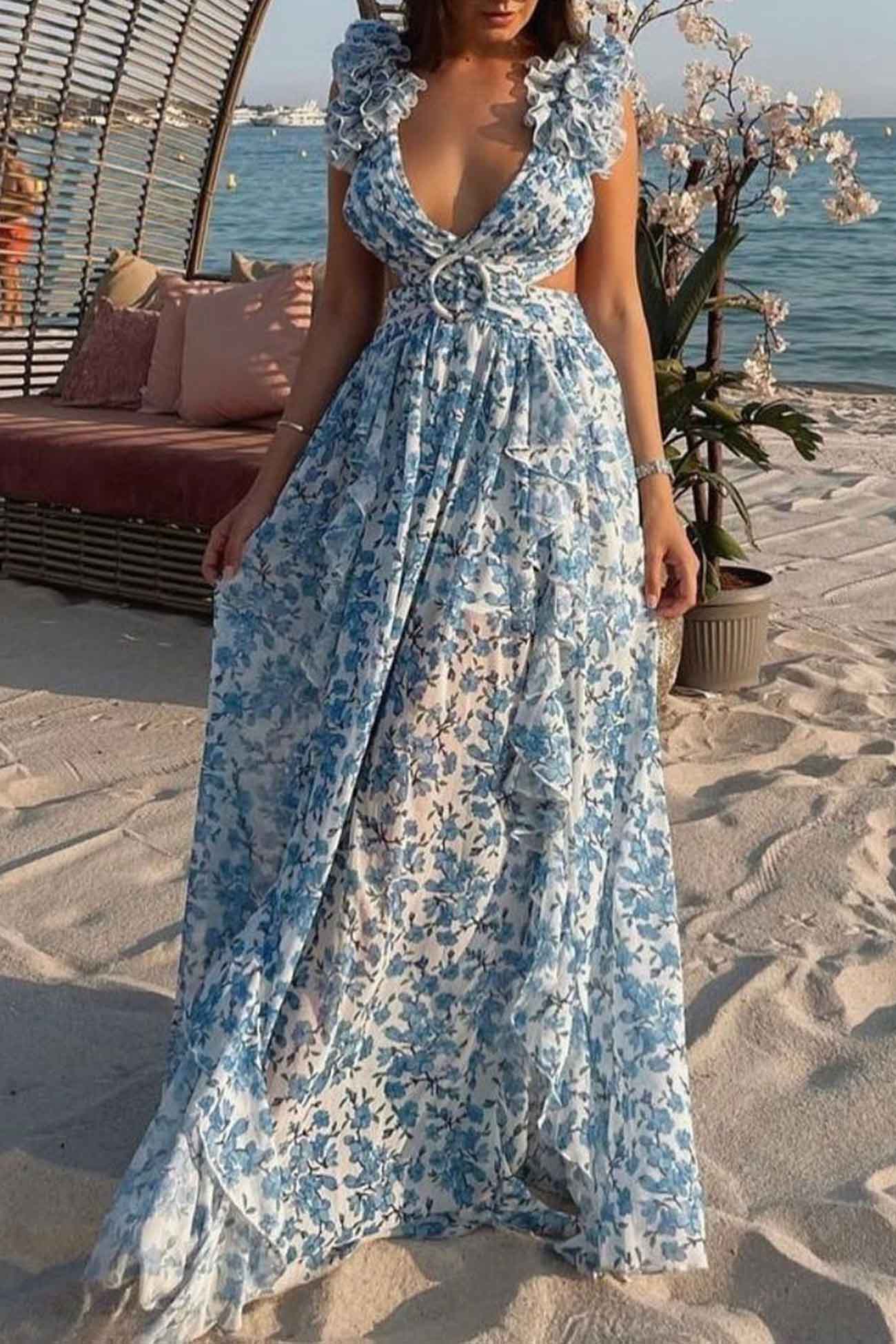 V-Neck Floral Maxi Dress for Women – Elegant & Flowing-Caliboot