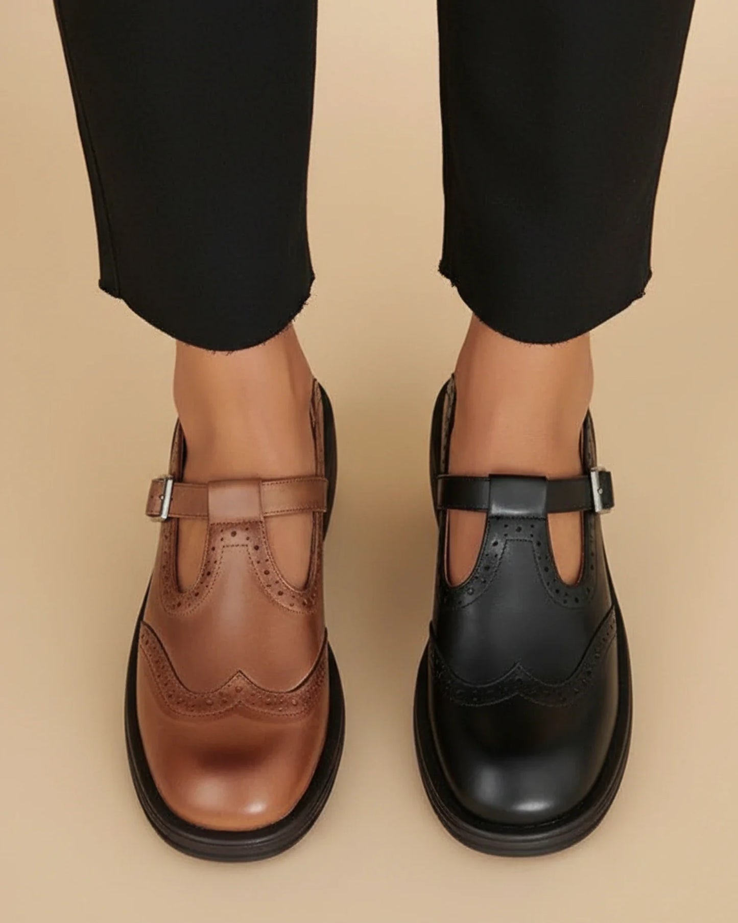 Chunky Sole Brogue Ankle-Strap Mary Jane T-Strap Shoes for Women – Orthopedic Comfort & Support