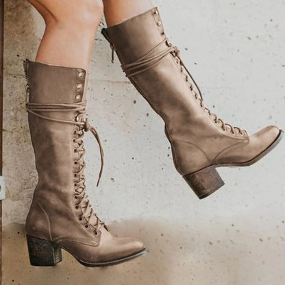 Lace-Up Block Heel Knee-High Boots for Women – Stylish & Supportive Design Caliboot