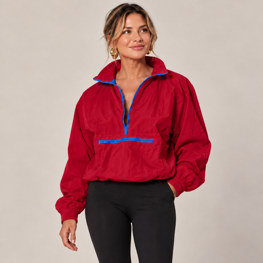 Women's Half-Zip Pullover Windbreaker Jacket – High Collar and Contrast Zipper Details Caliboot