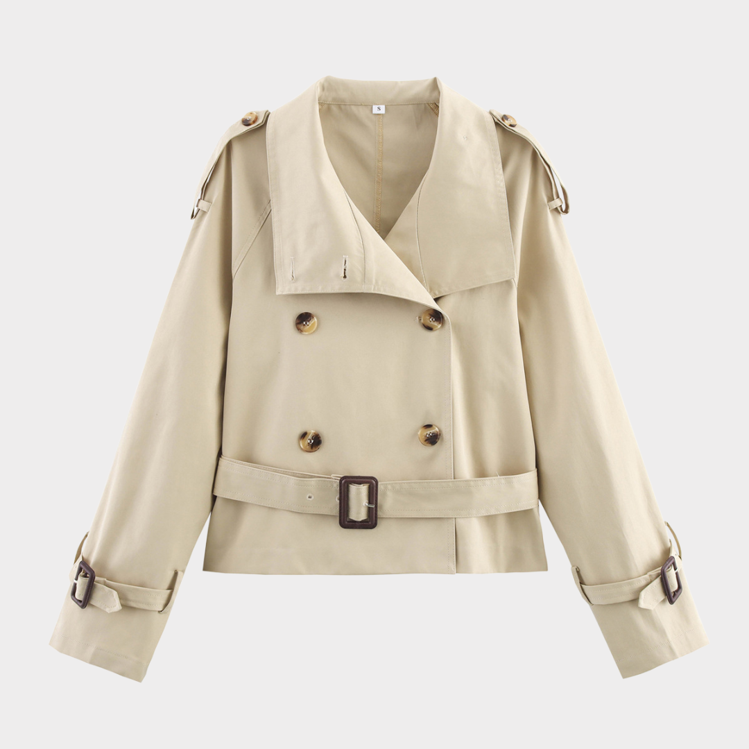 Women's Cropped Trench Coat – Double-Breasted Jacket with Belt and Adjustable Cuff Straps Caliboot