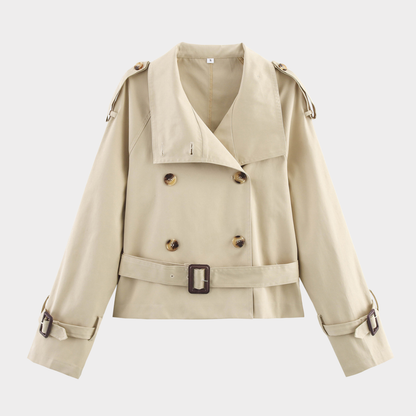 Women's Cropped Trench Coat – Double-Breasted Jacket with Belt and Adjustable Cuff Straps Caliboot