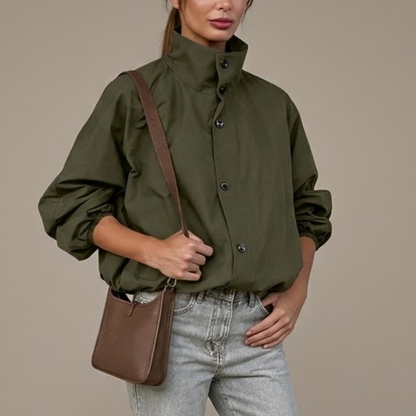 Women's Cropped Utility Jacket with Button Front – High Collar and Elasticated Hem Caliboot