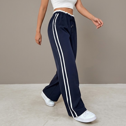 Women's Wide Leg Track Pants with Side Stripes – High-Waisted Drawstring Lounge Trousers Caliboot