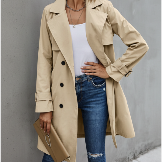 Double Breasted Belted Knee-Length Trench Coat for Women – Timeless Elegant Style Caliboot