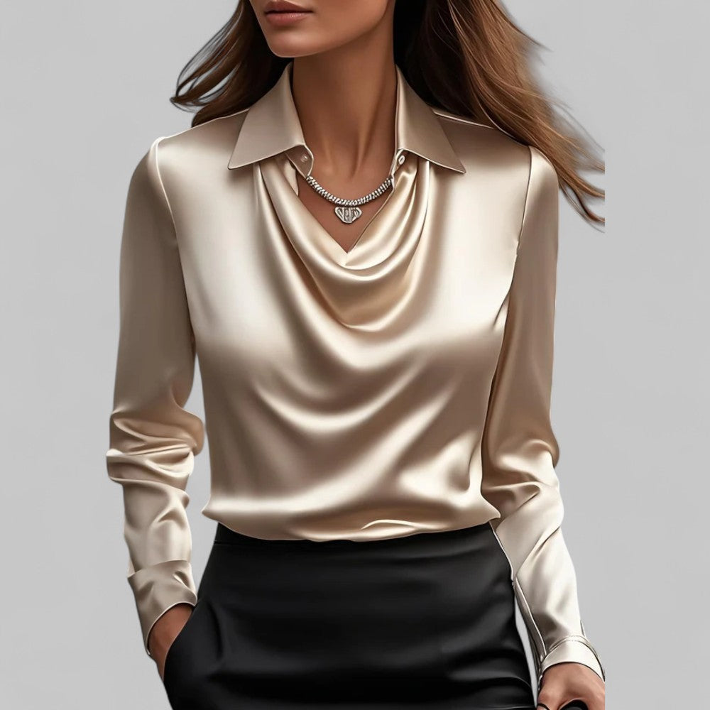 Rose | Women’s Draped Neck Long Sleeve Satin Blouses Caliboot
