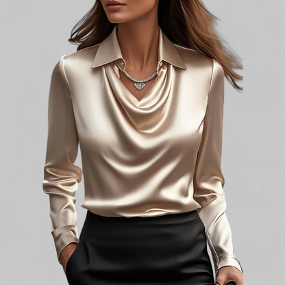 Rose | Women’s Draped Neck Long Sleeve Satin Blouses Caliboot