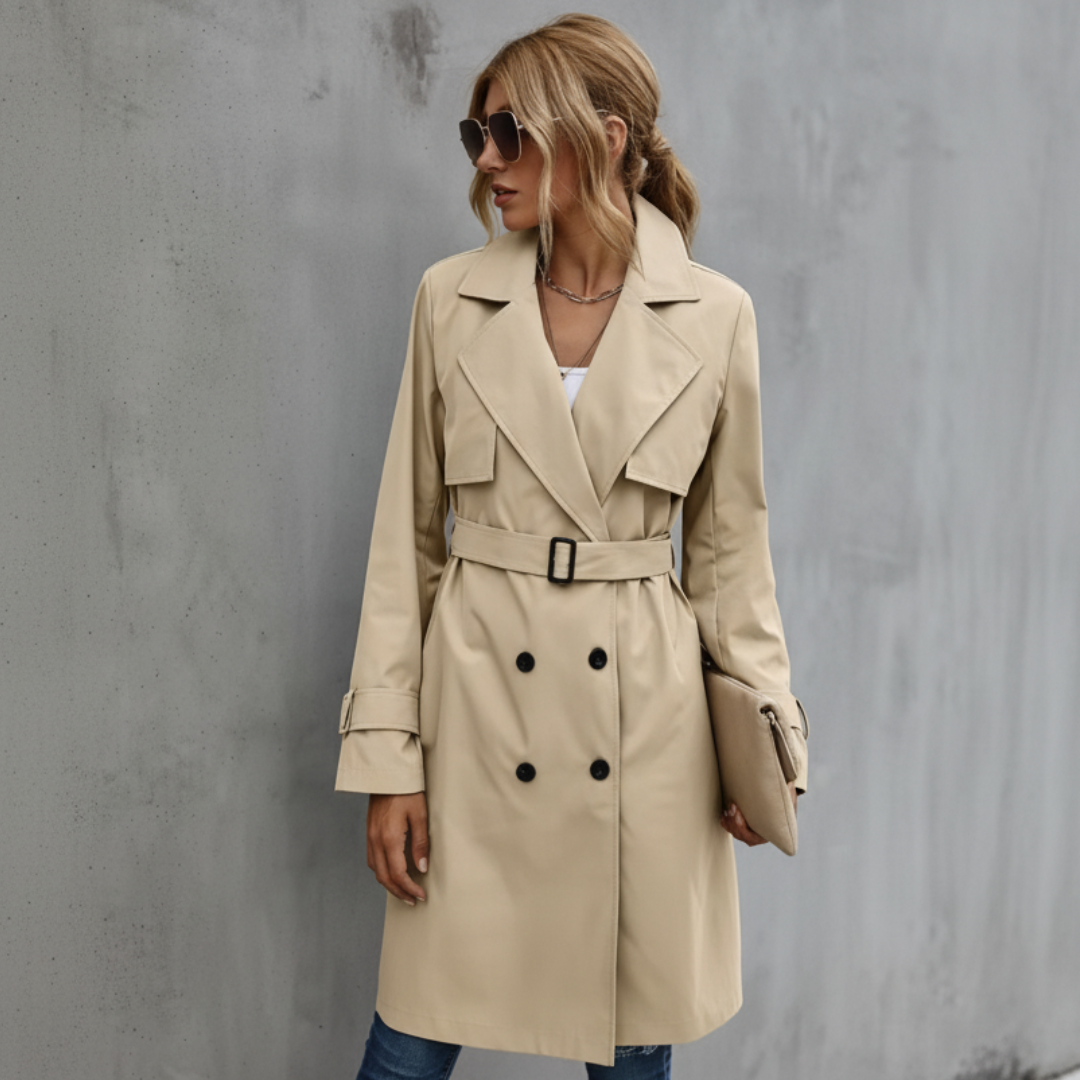 Double Breasted Belted Knee-Length Trench Coat for Women – Timeless Elegant Style Caliboot