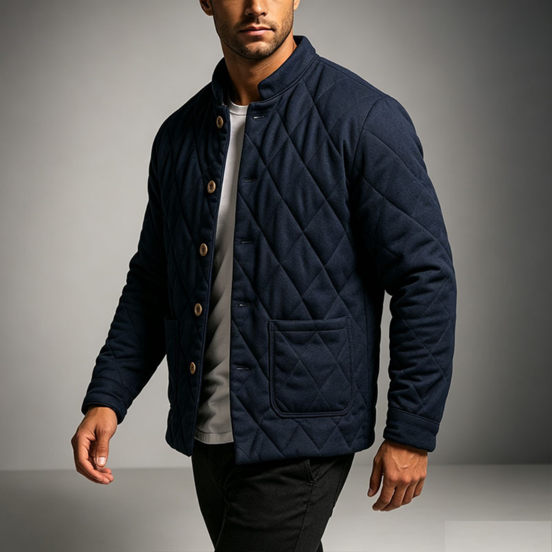 Men's Quilted Jacket with Button Front – Stand Collar and Dual Patch Pockets Caliboot