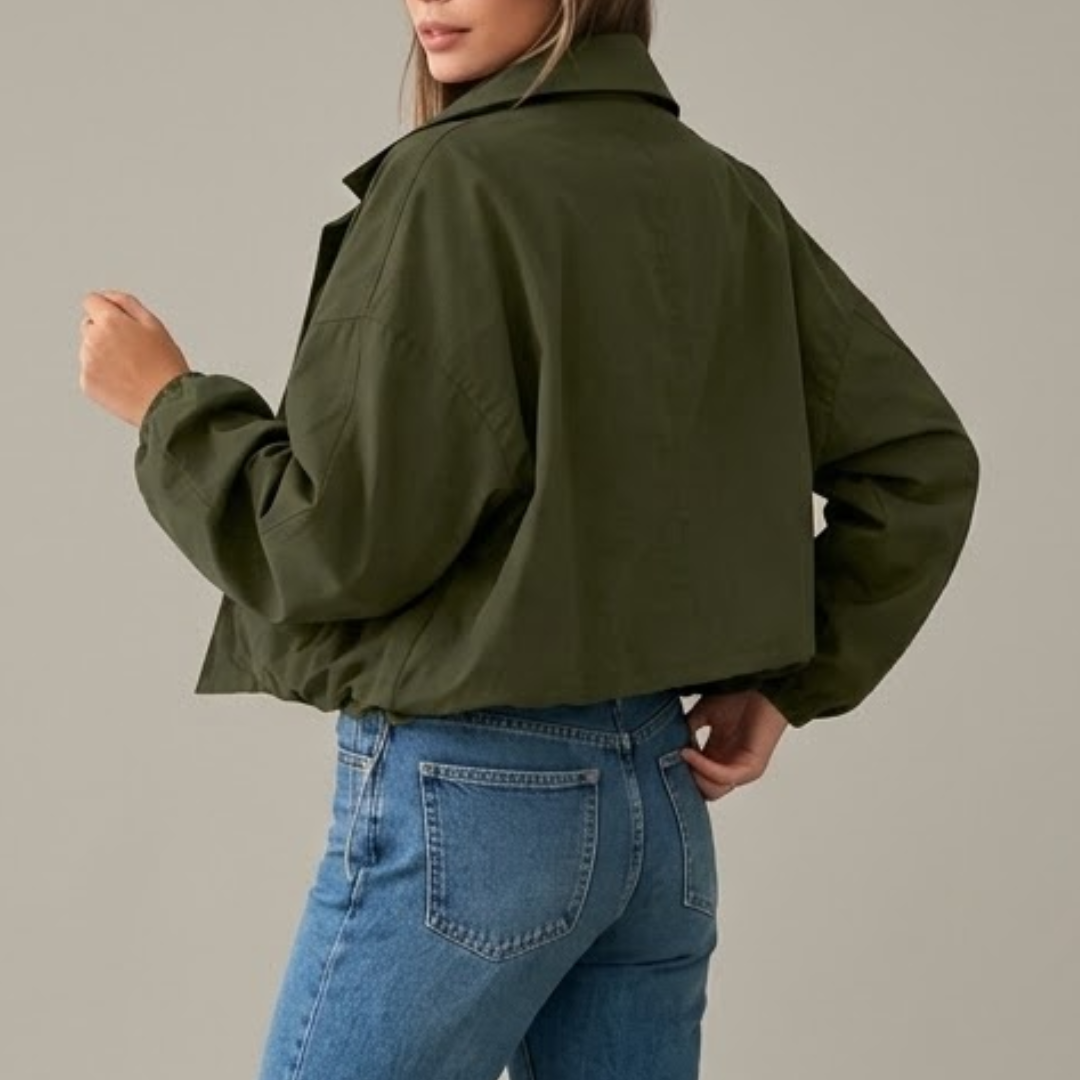 Women's Cropped Utility Jacket with Button Front – High Collar and Elasticated Hem Caliboot