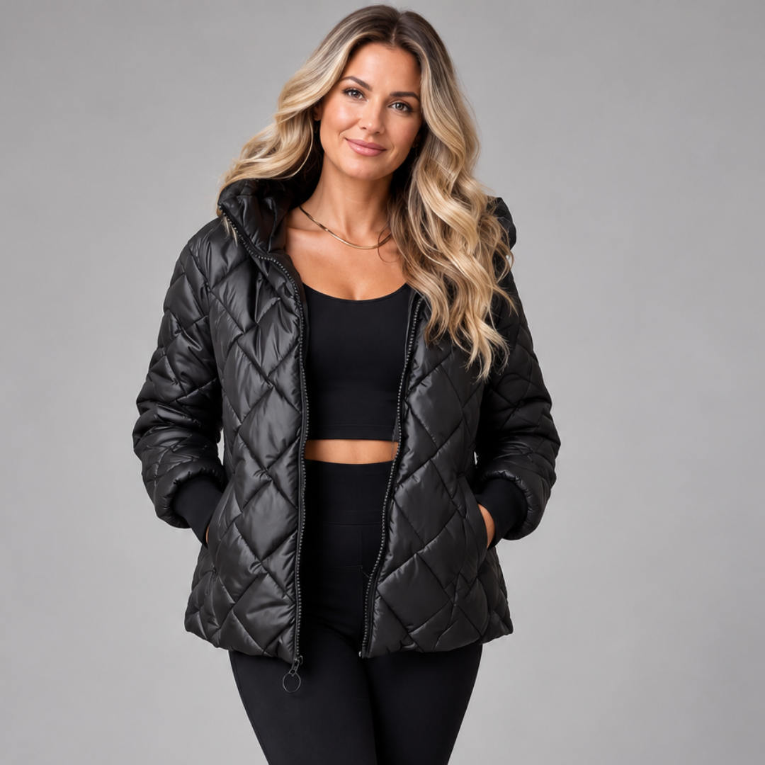 Women's Quilted Puffer Jacket – Hooded Winter Coat with Ribbed Cuffs and Zip Closure Caliboot