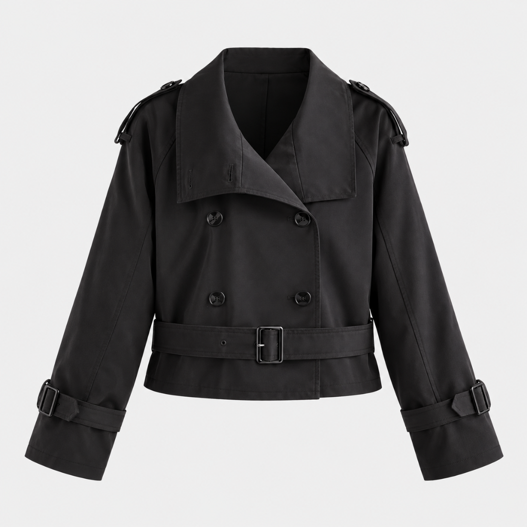 Women's Cropped Trench Coat – Double-Breasted Jacket with Belt and Adjustable Cuff Straps Caliboot