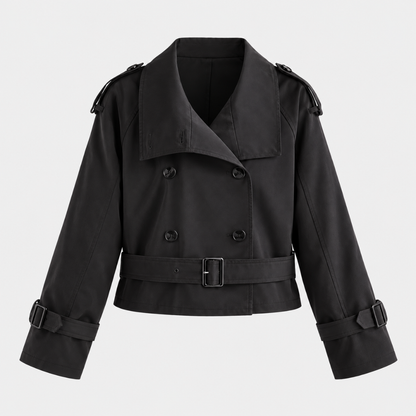 Women's Cropped Trench Coat – Double-Breasted Jacket with Belt and Adjustable Cuff Straps Caliboot