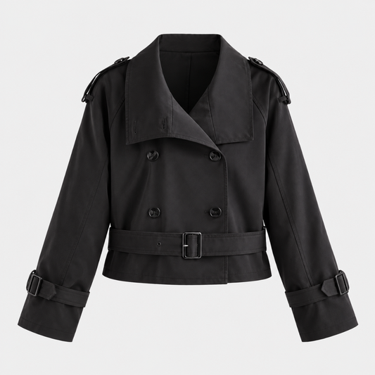 Women's Cropped Trench Coat – Double-Breasted Jacket with Belt and Adjustable Cuff Straps Caliboot