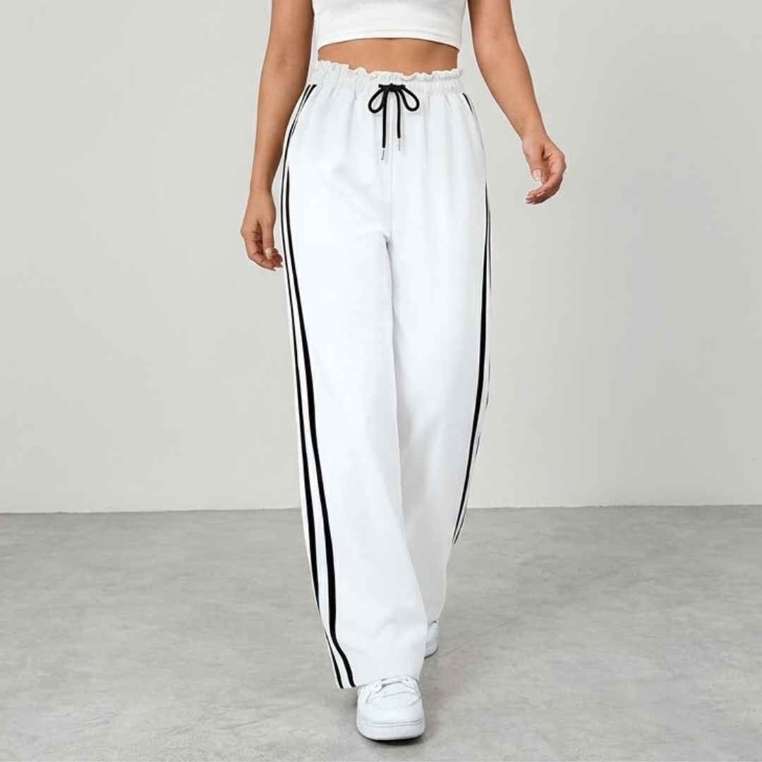 Women's Wide Leg Track Pants with Side Stripes – High-Waisted Drawstring Lounge Trousers Caliboot