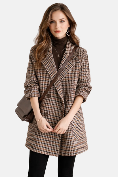 Women's Double-Breasted Check Coat – Relaxed Fit – Notched Lapel – Knee Length Caliboot