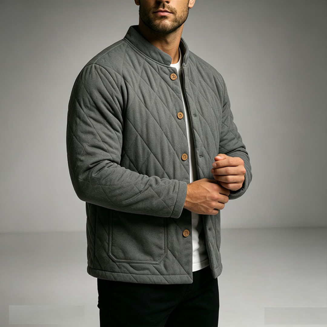 Men's Quilted Jacket with Button Front – Stand Collar and Dual Patch Pockets Caliboot